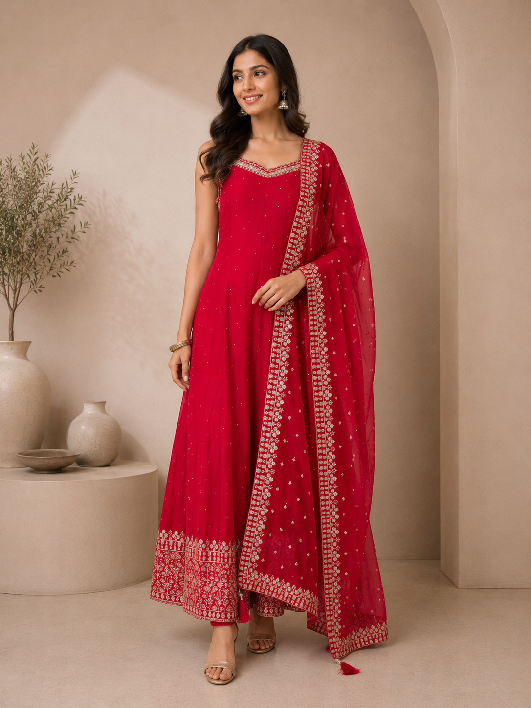 Elegant Red Silk Anarkali Suit Set with Embroidered Dupatta
